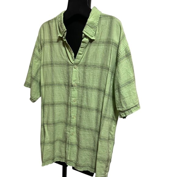 Van Heusen Studio Men’s XXL Shirt Green Black Plaid Linen Button-Up Short Sleeve - Picture 3 of 8